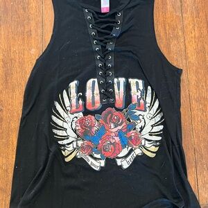 No Boundaries Black Lace-Up Tank with Red Rose and Blue Accent Graphic